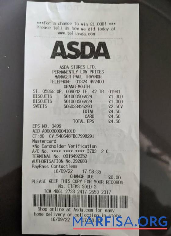 Printable ASDA stores payment receipt sample